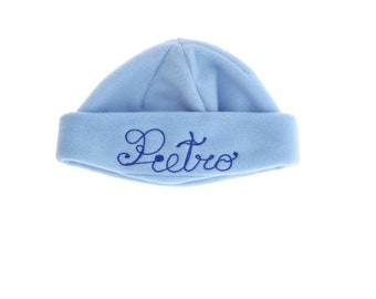 Fleece Hat Personalized Baby Child 2 Sizes Light Blue Rose Embroidered Handmade Gift Idea