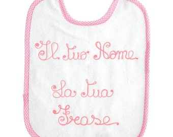 Personalized Bib Waterproof Kindergarten with Name and Phrase Embroidered Light Blue Rose Red