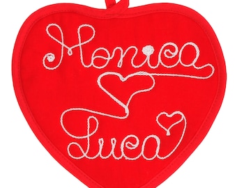 Personalized Red Heart Kitchen Pot holder with Embroidered Name and Phrase