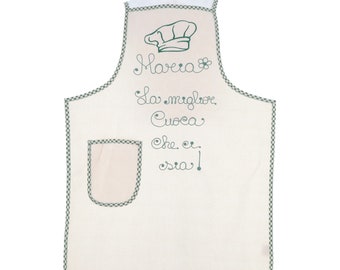 Personalized Kitchen Apron with Name and Phrase Handcrafted Embroidery Hat Gift Idea 100% Cotton Made in Italy