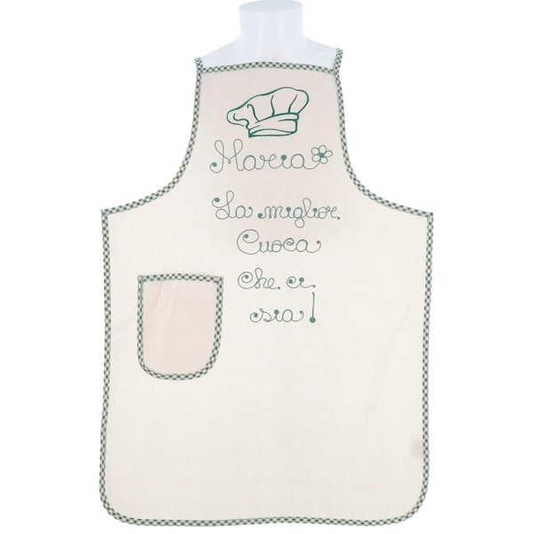 Tablier de cuisine personnalisé avec nom et phrase chapeau de broderie artisanal idée cadeau 100% coton fabriqué en Italie