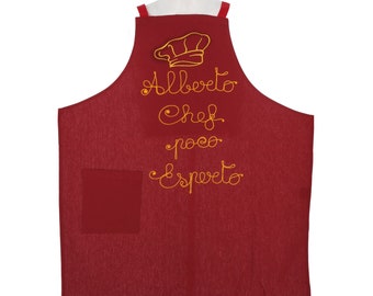 Personalized Chef Kitchen Apron with Name and Phrase Handcrafted Embroidery Hat Gift Idea 100% Cotton Made in Italy