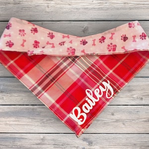 Pretty in Pink| Pink Plaid/ Pink Paws | Reversible | Fitted Style | Tie On Bandana | Custom Name