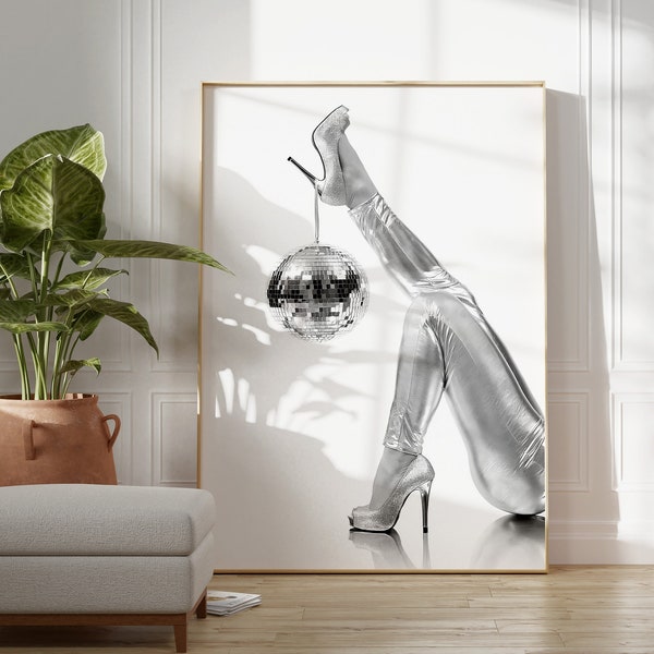 Disco Ball Poster Woman Heel Black White Wall Art Digital Download Girly Dorm Room Decor Mirrorball Print Modern Female Fashion Printable