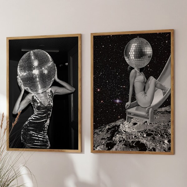 2 Piece Female Disco Ball Surrealism Wall Art, Retro Vintage Print, Modern Disco Bundle Printable, Digital Artwork, Girly Mirrorbal Decor