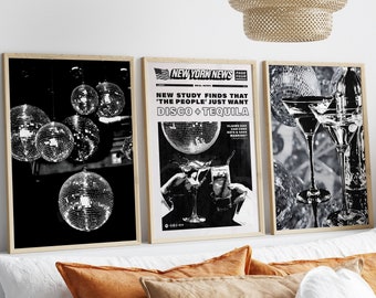 Set Of 3 Piece Disco 70s Wall Art, Disco Ball Poster, Disco Tequila Print Black White Printable, Luxury Alcohol Girly Dorm Room Bundle Decor