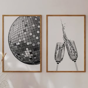 2 Piece Wall Art Disco Ball Poster Champagne Print Cheers Printable Digital Download Bar Cart Art Decor Black White Wall Art Dorm Room Decor