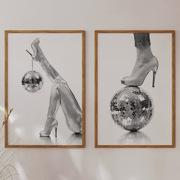 Female Heels On Disco Ball Print Decor Set Of 2 Piece Girly Room Decor Disco Retro Wall Art Mirrorbal Printable Digital Download