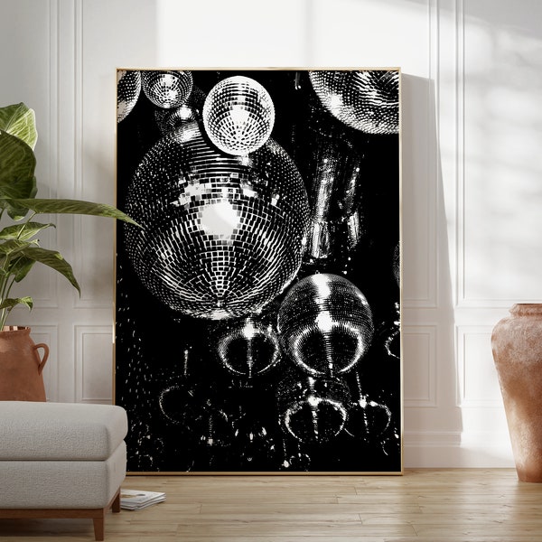 Funky Disco Ball 70s Poster, Retro Vintage Print, Funky Wall Art Girly Dorm Room Decor, Digital Artwork, Disco Mirrorbal Black White Print