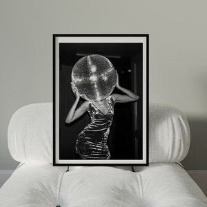 Female Disco Ball Head Poster, Funky Disco 70s Print, Black White Wall Art, Digital Artwork, Luxury Mirrorbal Printable, Girly Dorm Room Art