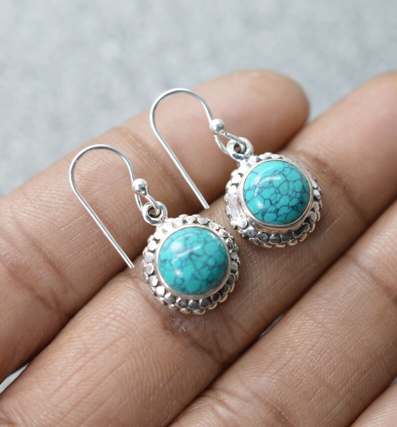 Blue Turquoise 925 Sterling Silver Gemstone Jewellery Hook Earring