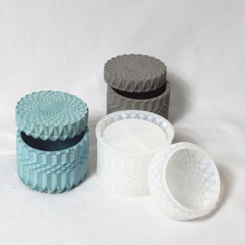 Round Concrete Candle Vessel Molds With Lid Mold Silicone Etsy