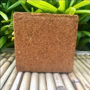 Puede incluir: Un bloque cuadrado de fibra de coco marr&oacute;n, probablemente para jardiner&iacute;a, descansa sobre una superficie de bamb&uacute;. El bloque tiene una textura &aacute;spera y fibrosa y un color natural. El follaje verde es visible en el fondo, lo que sugiere un entorno al aire libre o natural.
