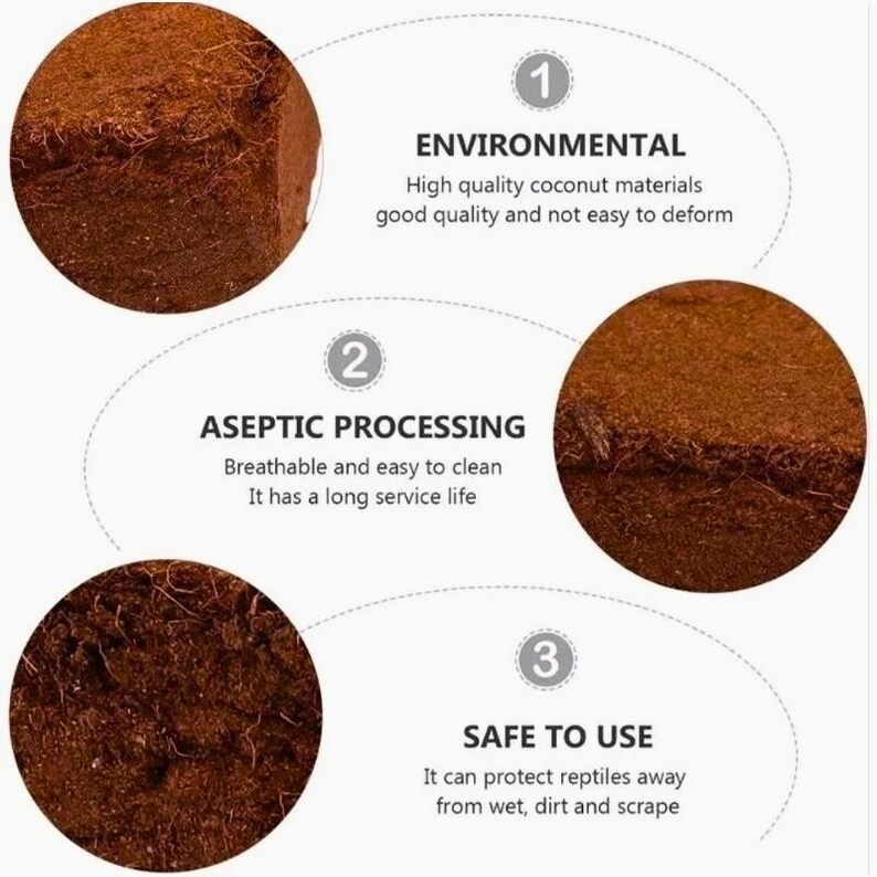 Puede incluir: Imagen que muestra un sustrato de fibra de coco comprimida, de color marr&oacute;n, para reptiles. La imagen incluye texto que destaca la ecolog&iacute;a, el procesamiento as&eacute;ptico y la seguridad del producto para reptiles. El sustrato est&aacute; dise&ntilde;ado para proteger a los reptiles de la humedad, la suciedad y los ara&ntilde;azos.
