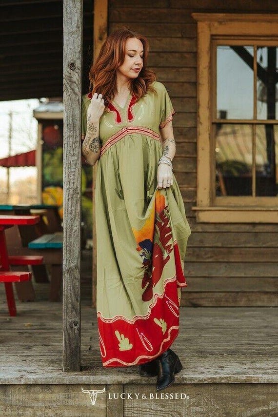 Lucky & Blessed Women's Sage Green Cactus Sunset Print Maxi Dress