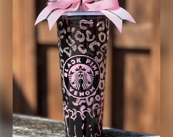 BLACKPINK custom Starbucks Snow globe Vent Tumbler, leopard background, painted peekaboo coffee cup, k-pop lovers, bling lid, glitter cup!