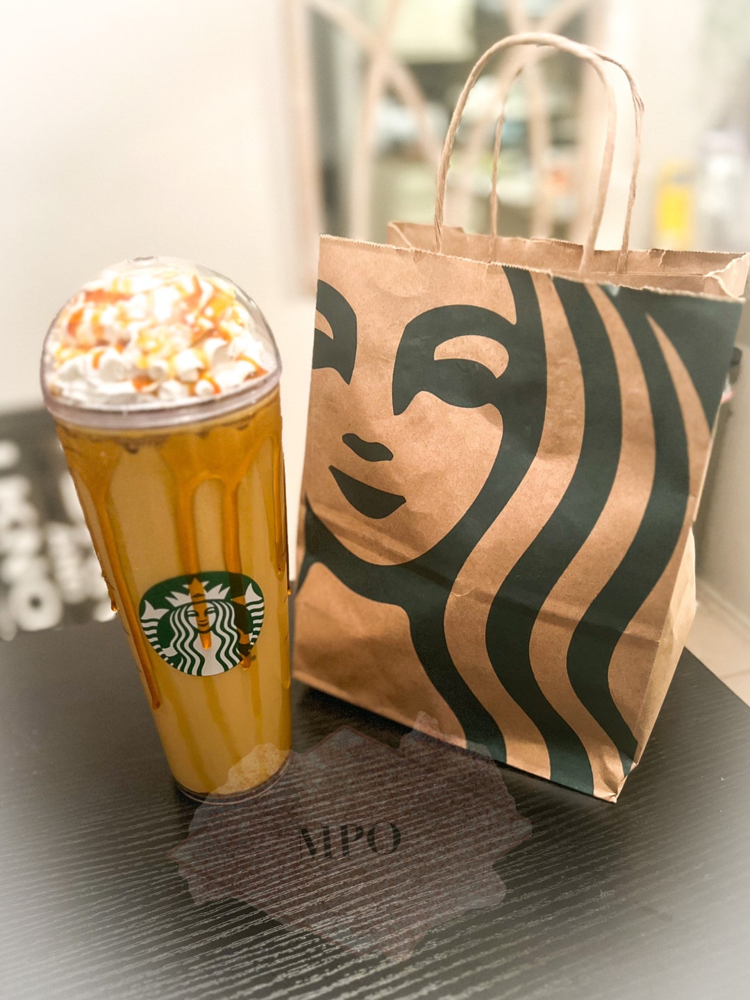 Custom Starbucks Venti Caramel Frappe Iced Coffee Snowblobe Tumbler