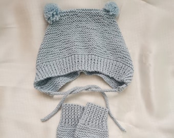 Strickensemble/Set Baby/Tricot Babys/baby knit/Baby-Hausschuhe/Baby-Mütze/Babymührchen/Babymührchen / birth gift/Blau