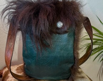 Handmade Buffalo Hide & Leather Crossbody Purse.Western Boho Handbag with Natural Fur.