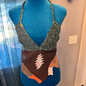 Lambskin Leather & Crochet Patchwork Halter Top
