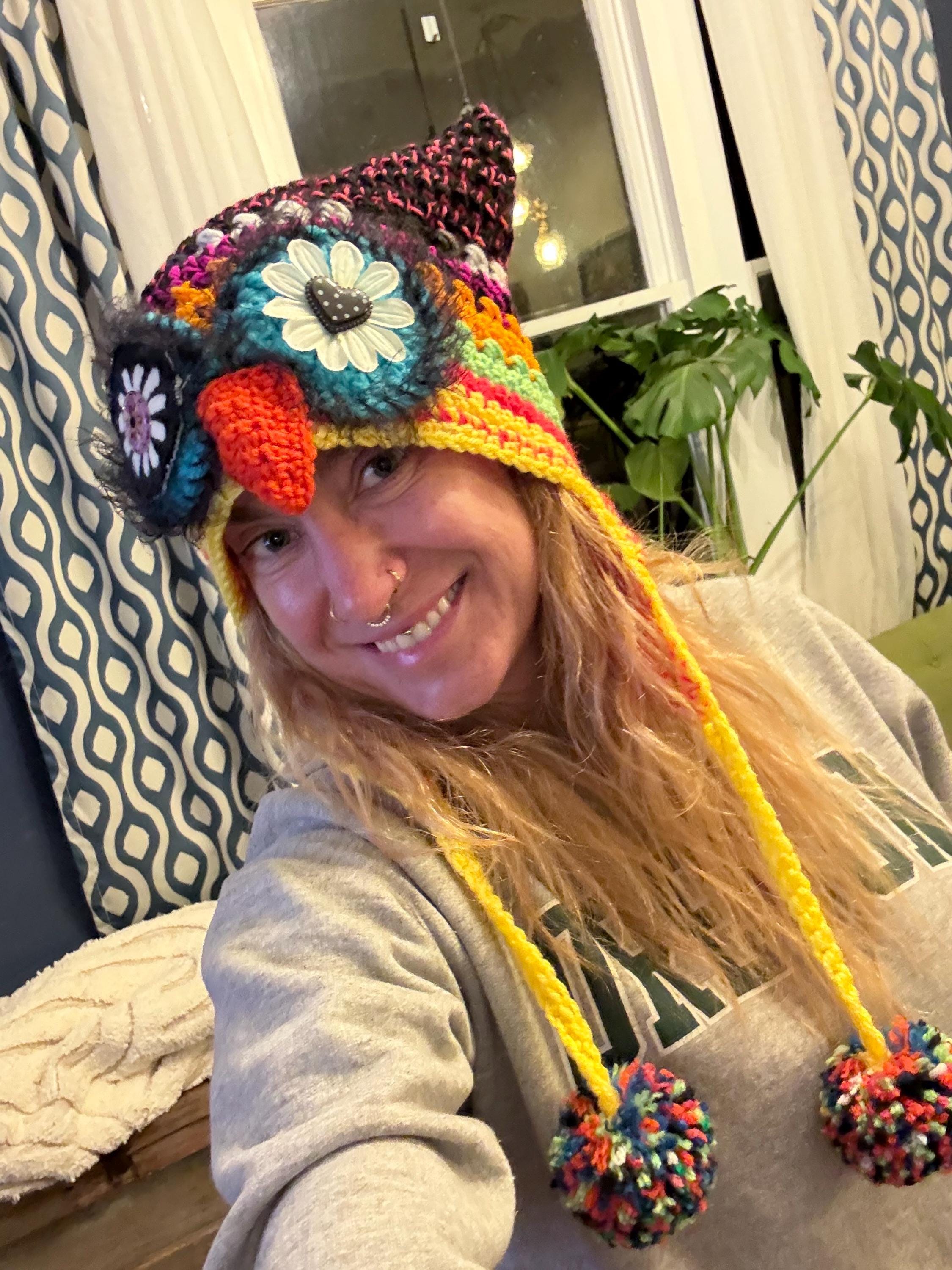 Steal Your Owl Beanie, Grateful Dead Owl Beanie, Bright festival hat. KISS Emoji Beanie
