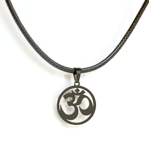 Om Retro Black Leather Cord Necklace Hindu Buddhist Jain