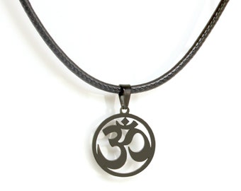 Om Retro Black Leather Cord Necklace Hindu Buddhist Jain