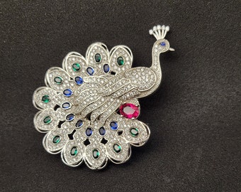 Enchanted Peacock Brooch Vibrant Gemstones and Dazzling Zircon Splendour, 925 Sterling Silver, Handmade Jewellery
