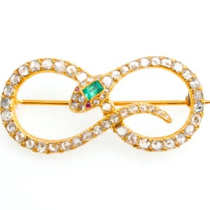 Antique Emerald Snake Brooch, Emerald Head With Rose Cut Diamond 925 Sterling Silver