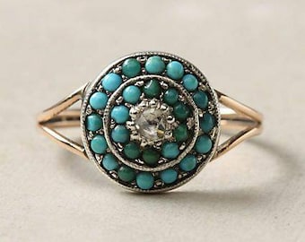 Victorian Natural Turquoise Silver Ring Handmade 18kt Gold Plated