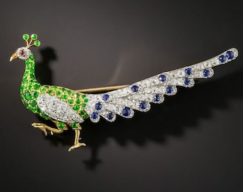 Beautiful Romanov Peacock Brooch With Ruby, Emerald, Sapphire & Rose Cut Diamond Handmade 925 Sterling Silver