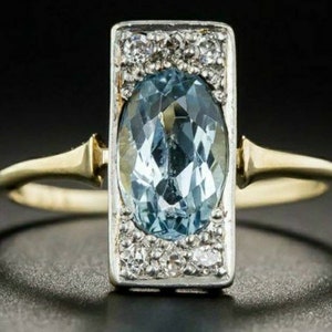 Antique Aquamarine Ring With Rose Cut Diamond Handmade