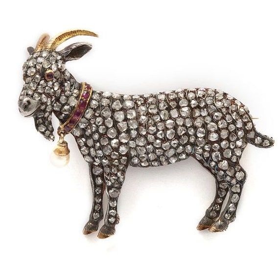 Handmade Antique Goat Brooch Natural Rose Cut Diamond & Ruby 925 Sterling Silver