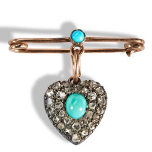 Antique Turquoise Heart Brooch with Rose Cut Diamond Accent 925 Sterling Silver