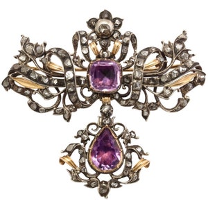 Handmade Antique Victorian Amethyst & Rose Cut Diamond Pendant Brooch Made In India