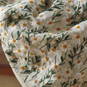 Daisy Linen Embroiderd Fabric, Embroidered Daisy Fabric, Floral Fabric, Daisy Fabric, Dress Fabric, Designer Fabric, By The Half Yard