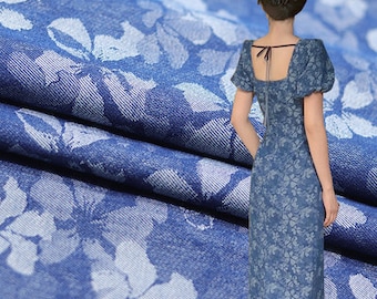 Floral Denim Fabric, Stretch Cotton Denim Fabric, Blue Washed Denim Fabric, Jacquard Soft Denim Fabric, Jeans Fabric, By The Half Yard