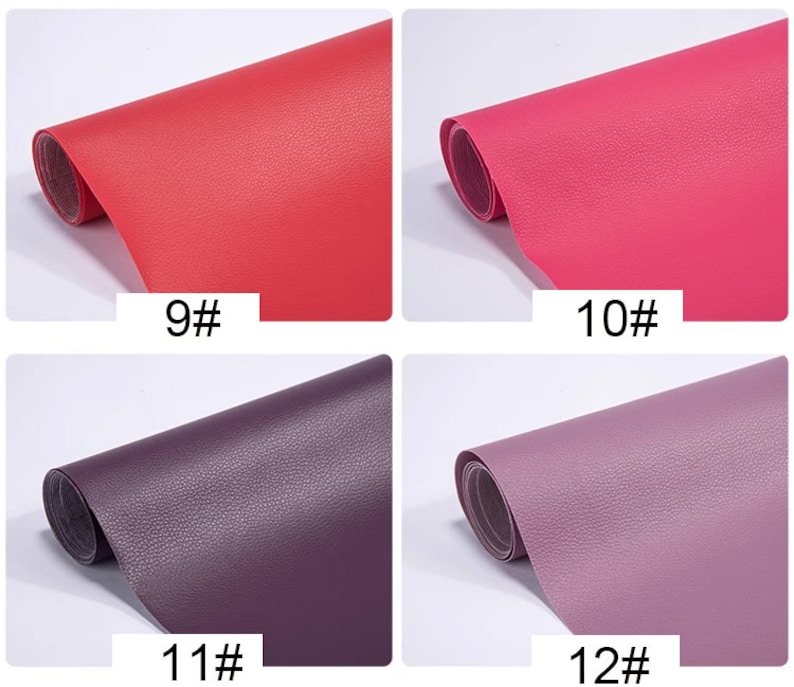 May include: Four samples of faux leather in different colors: red, pink, purple, and light purple. Each sample is rolled up and labeled with a number: 9#, 10#, 11#, and 12#.