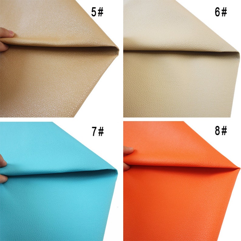May include: Four samples of faux leather in different colors. The top left sample is a light brown, the top right sample is a slightly darker brown, the bottom left sample is a light blue, and the bottom right sample is a bright orange.