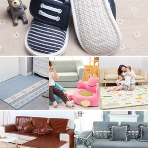 May include: A set of four different sofa covers. The first cover is a brown woven material with a brown trim. The second cover is a gray quilted material with a white lace trim. The third cover is a blue and white patterned rug with a white border. The fourth cover is a pink and white patterned rug with a white border.