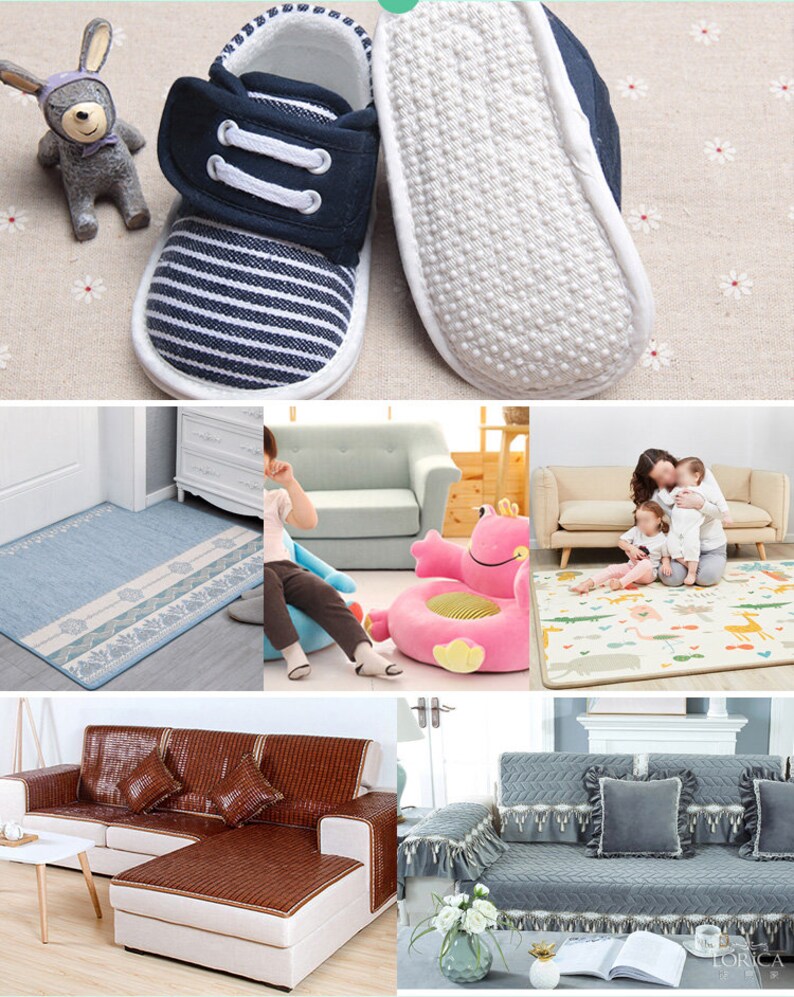 May include: A set of four different sofa covers. The first cover is a brown woven material with a brown trim. The second cover is a gray quilted material with a white lace trim. The third cover is a blue and white patterned rug with a white border. The fourth cover is a pink and white patterned rug with a white border.
