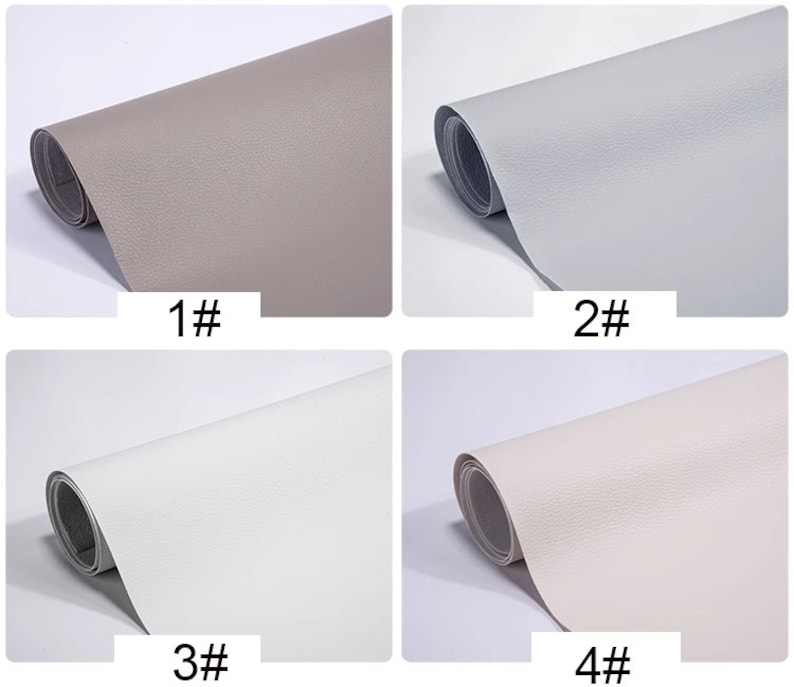 May include: Four rolls of faux leather in different colors: gray, light gray, white, and off-white. The rolls are labeled 1# through 4#.