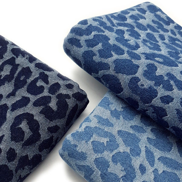 Leopard Print Denim Fabric, Washed Denim Fabric, Cotton Denim, Blue Denim Fabric, Jacquard Denim Fabric,  Jeans Fabric, By The Half Yard