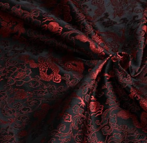 Tissu brocart, tissu jacquard, tissu dragon rouge couleur noire