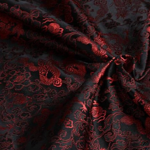 Tissu brocart, tissu jacquard, tissu dragon rouge couleur noire, tissu brocart style ragon, tissu de robe cosplay, par la demi-cour