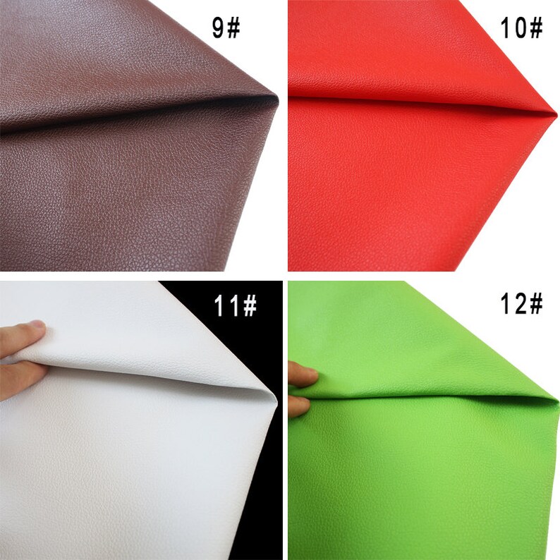 May include: Four samples of faux leather in different colors: brown, red, white, and green. The samples are folded in half and labeled with numbers 9, 10, 11, and 12.