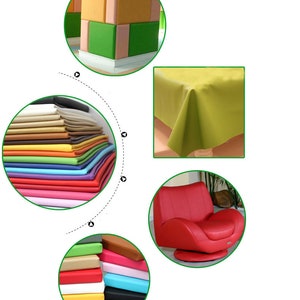 May include: Assortment of colorful leatherette fabric swatches in various colors, including red, orange, yellow, green, blue, purple, pink, brown, and black. The swatches are stacked on top of each other and arranged in a circle. The fabric is suitable for upholstery, furniture, and other craft projects.
