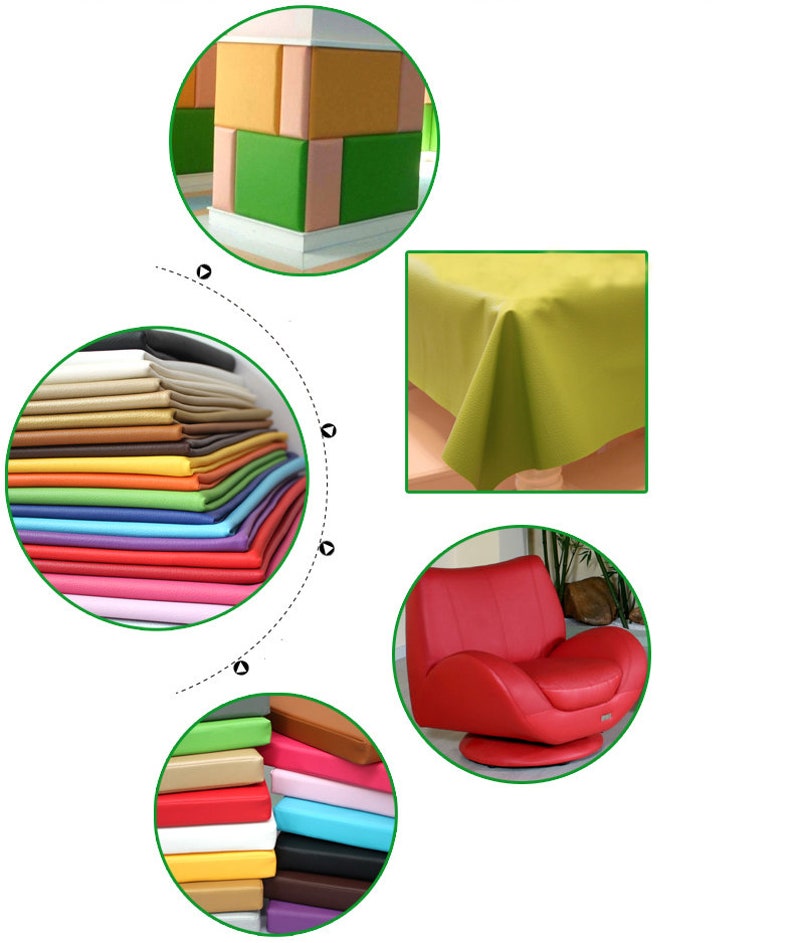 May include: Assortment of colorful leatherette fabric swatches in various colors, including red, orange, yellow, green, blue, purple, pink, brown, and black. The swatches are stacked on top of each other and arranged in a circle. The fabric is suitable for upholstery, furniture, and other craft projects.