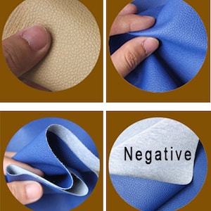 May include: Close-up of blue faux leather fabric showing the texture and the back side with a white backing. The text "Negative" is printed on the white backing.