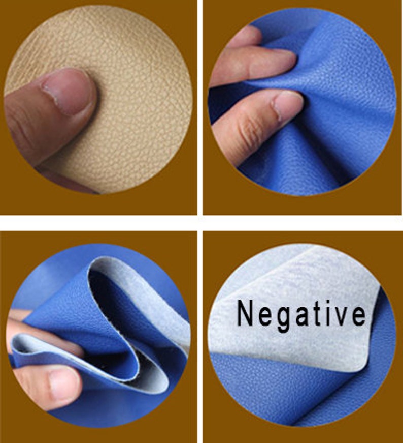 May include: Close-up of blue faux leather fabric showing the texture and the back side with a white backing. The text "Negative" is printed on the white backing.